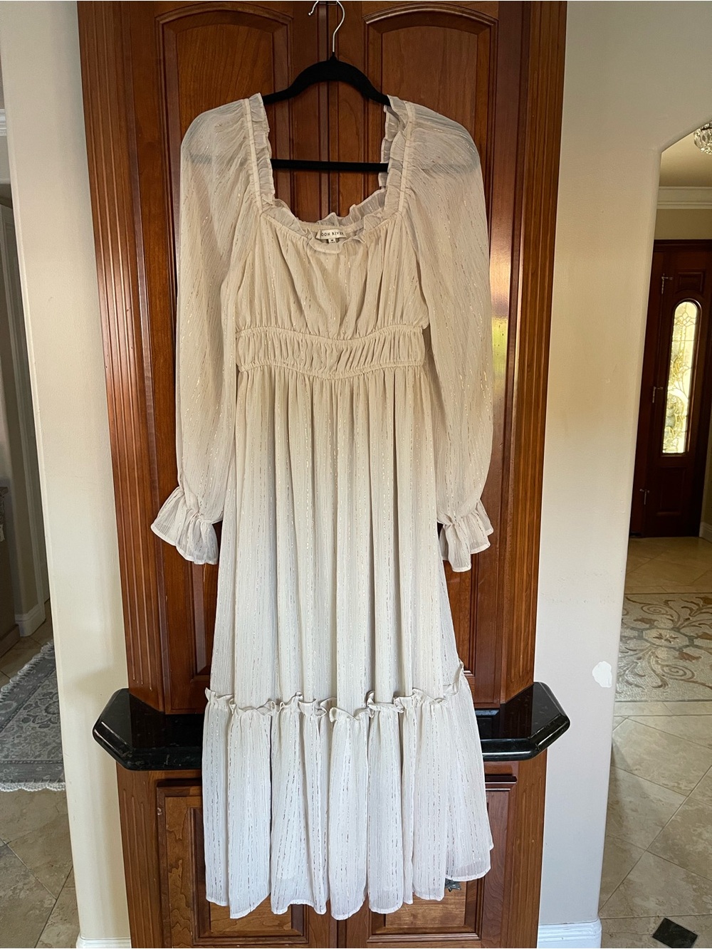 Moon River Cream Long Sleeve Smocked Waist Maxi Dress